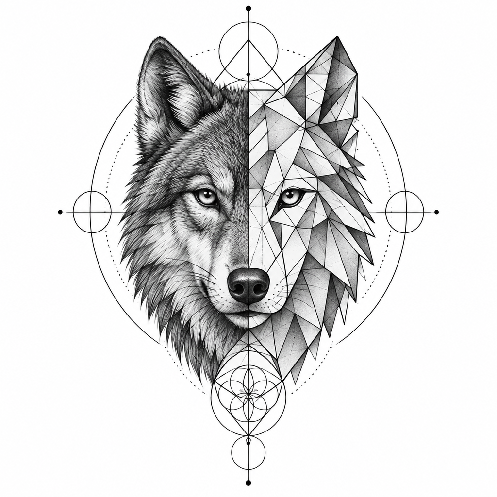 A wolf's head built from triangles and fine linework, one half realistic and the other pure geometry, Geometric, black & grey tattoo design
