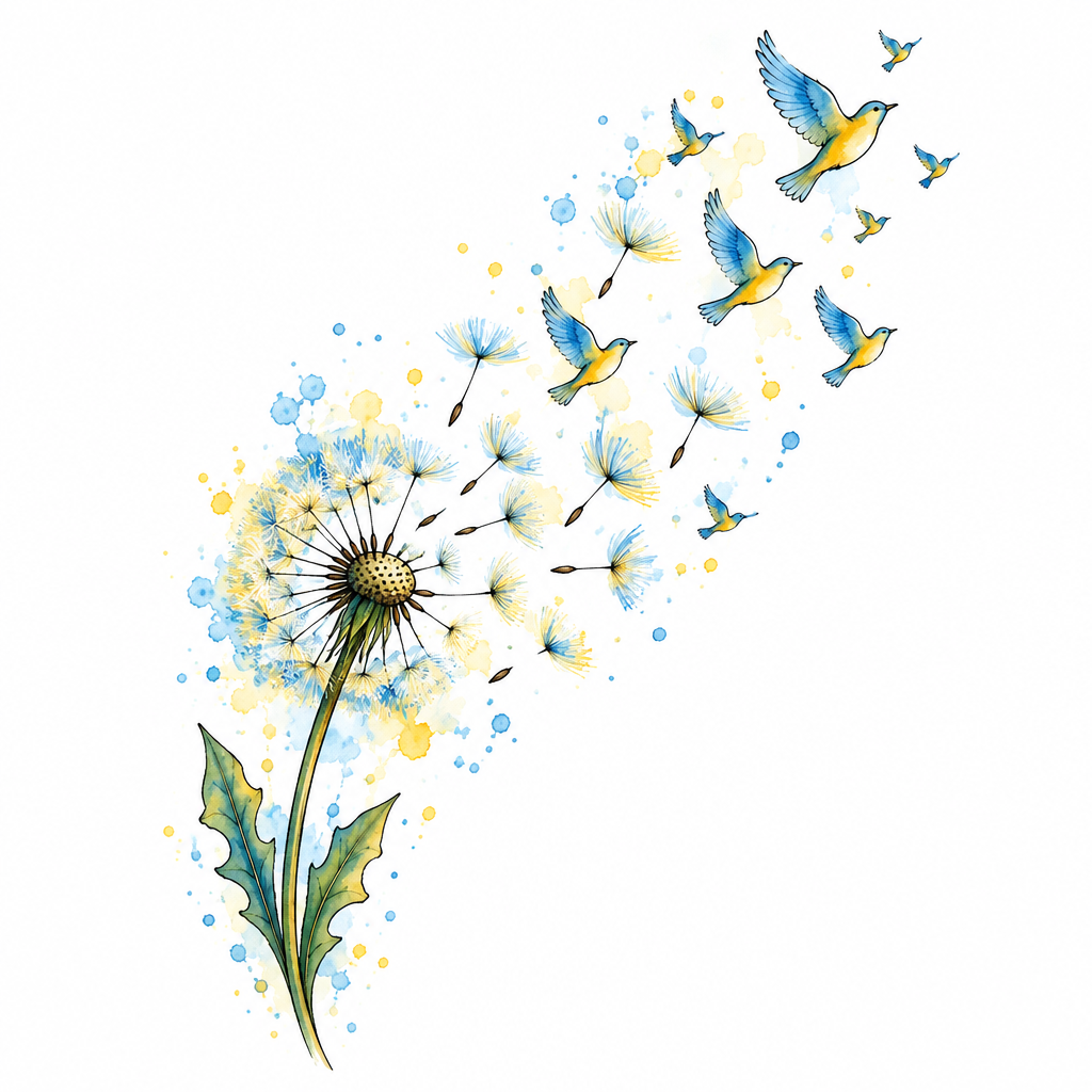 A dandelion clock with its seeds blowing away and turning into small birds, in soft yellow and sky blue, Watercolour, colour tattoo design