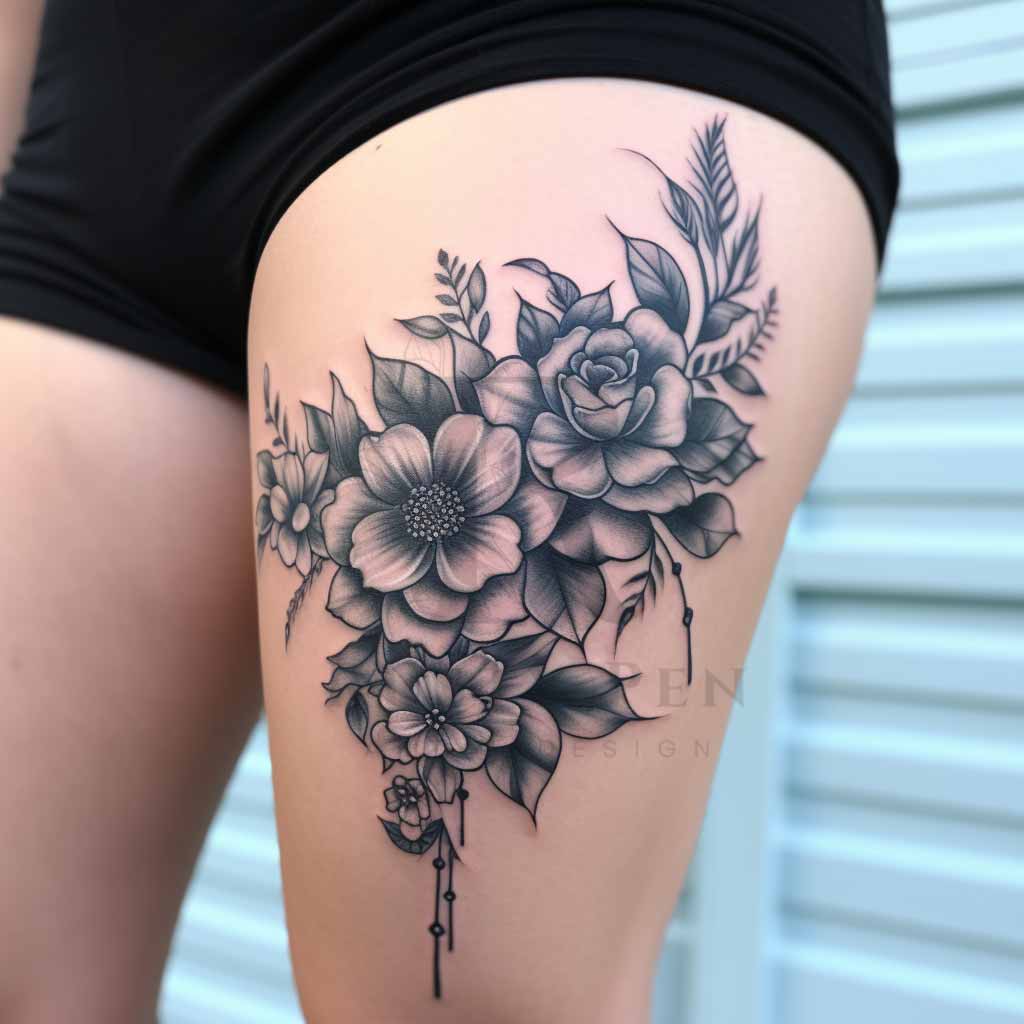 Womens black and gray flower thigh tattoo