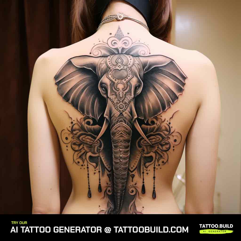 A large balck and grey elephant tattoo on a ladies back