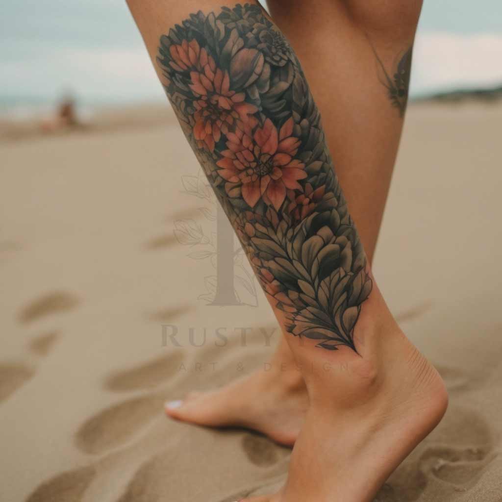 Floral Women's leg tattoo