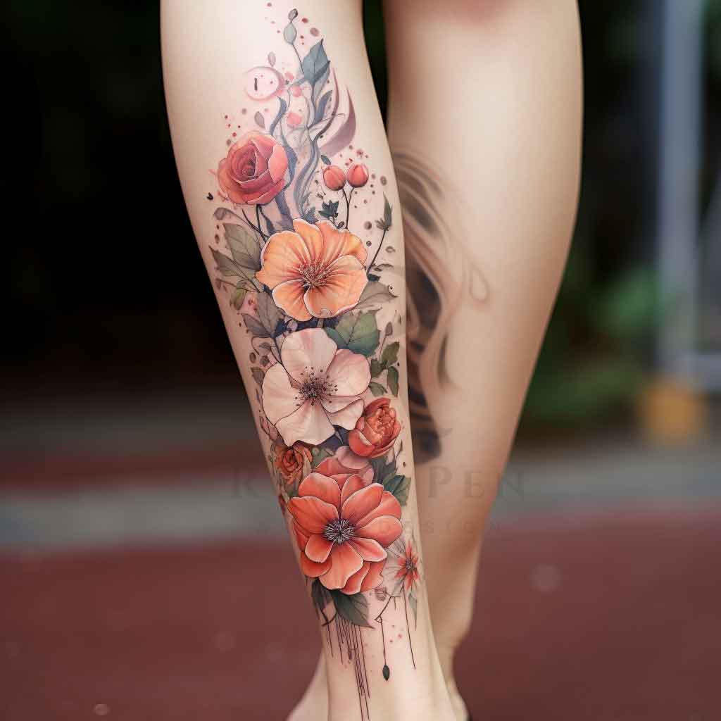 Floral women's leg tattoo