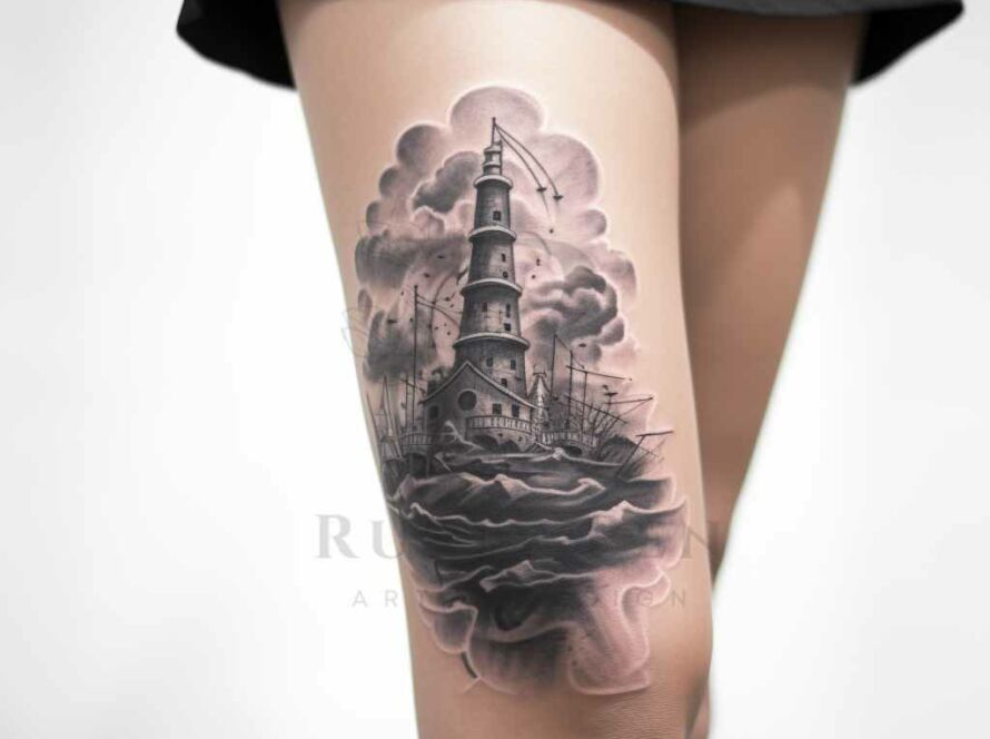 Lighthouse Female Tattoo Black and Grey