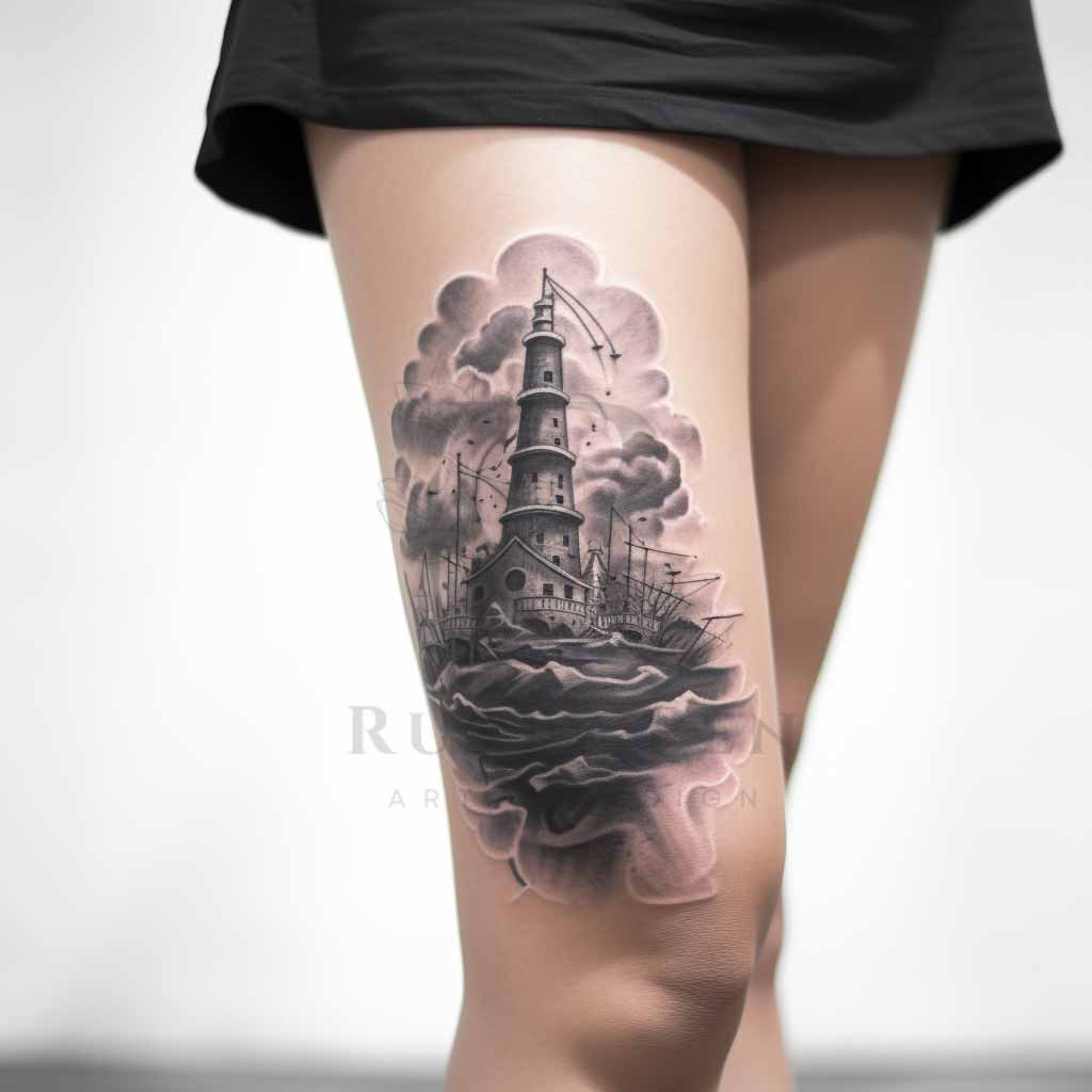 Lighthouse Female Tattoo Black and Grey