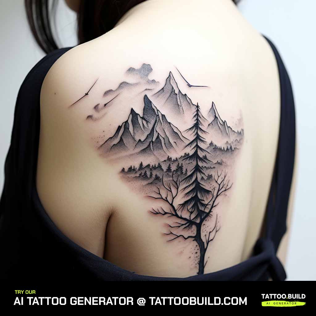 ladies mountain and tree tattoo's