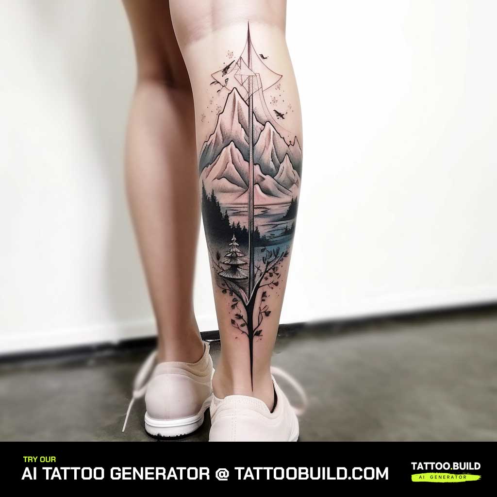 Mountain and tree leg tattoo