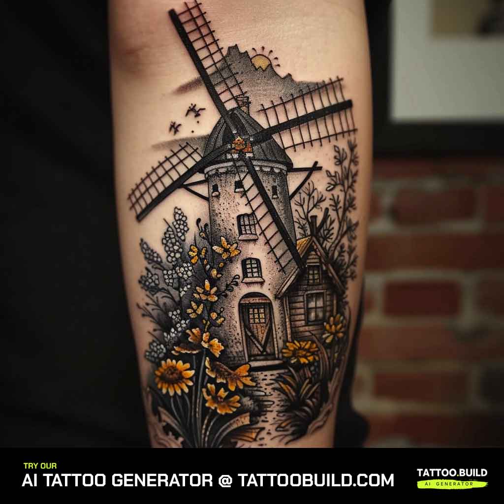 Floral Windmill Tattoo Design