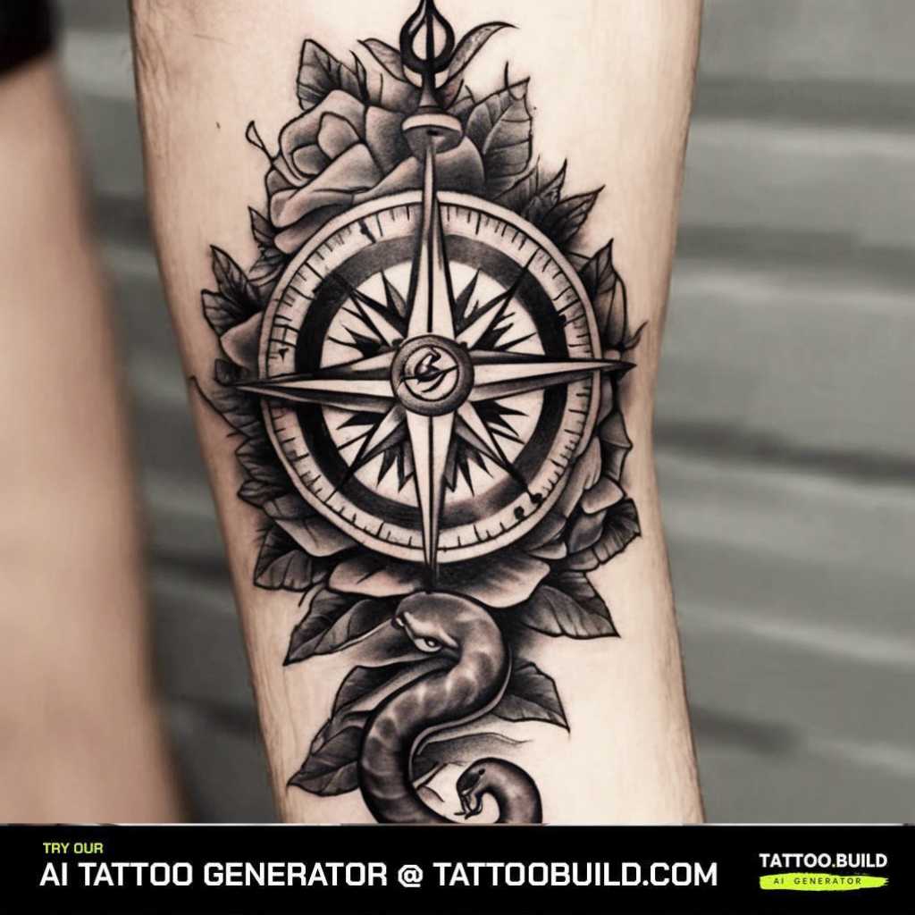 Snake compass tattoo on the forearm