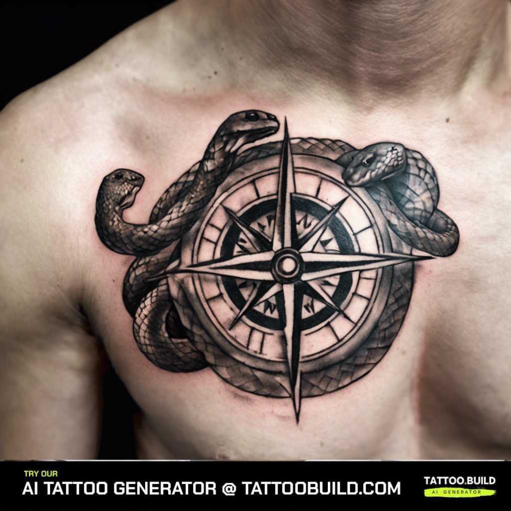 Snake compass tattoo on the chest