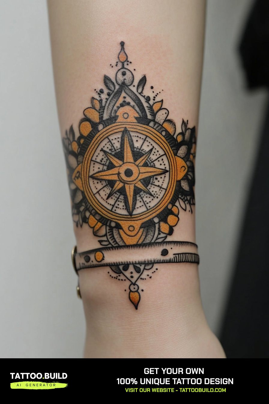 Neo traditional compass tattoo combined with a snake coiled around the outer ring