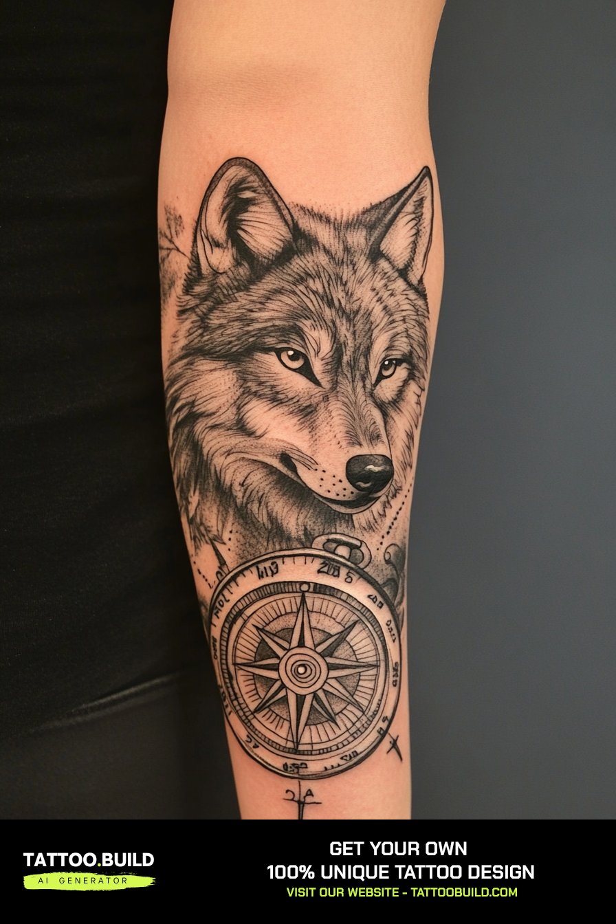 Wolf and compass tattoo idea with a large compass rose as the central element