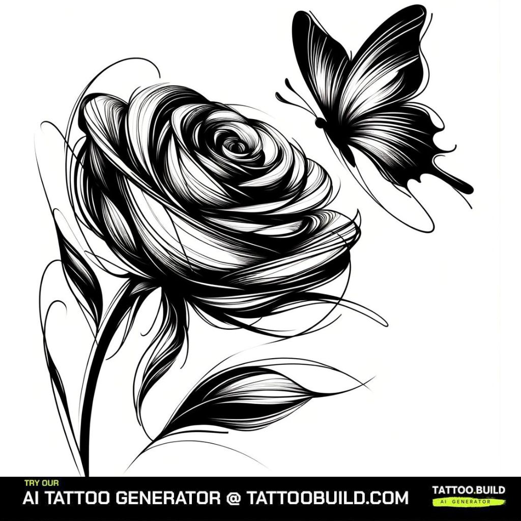 Black and Gray Flower Tattoo Design of a rose and butterfly