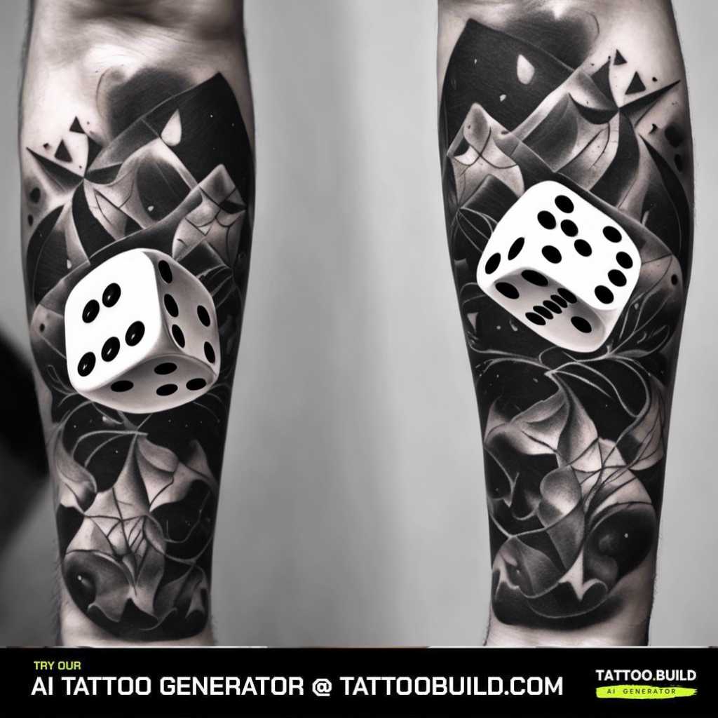 Black and white forearm tattoos. This one is titled roll of fate