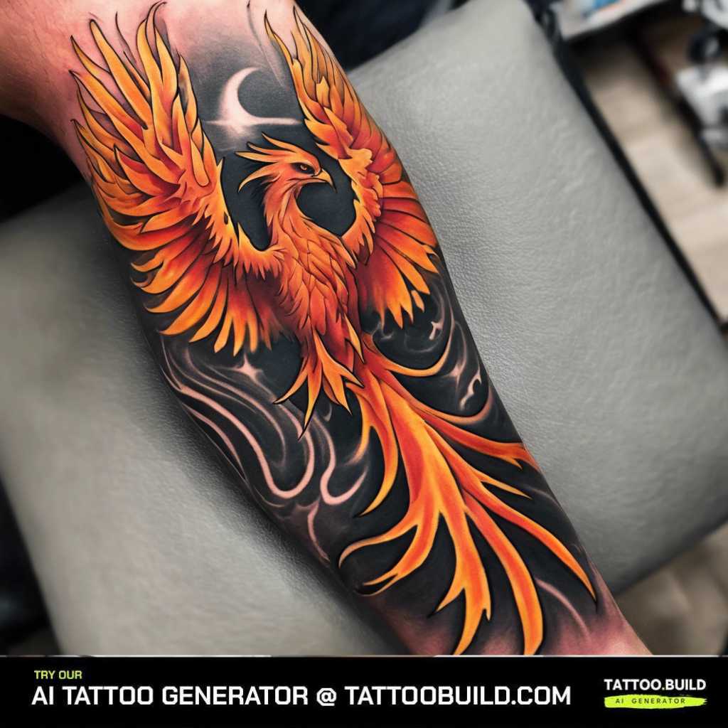 A red and black tattoo of a raising phoenix