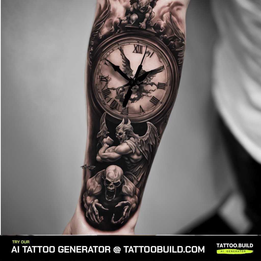 the is a black and white forearm tattoo titled temporal guardians