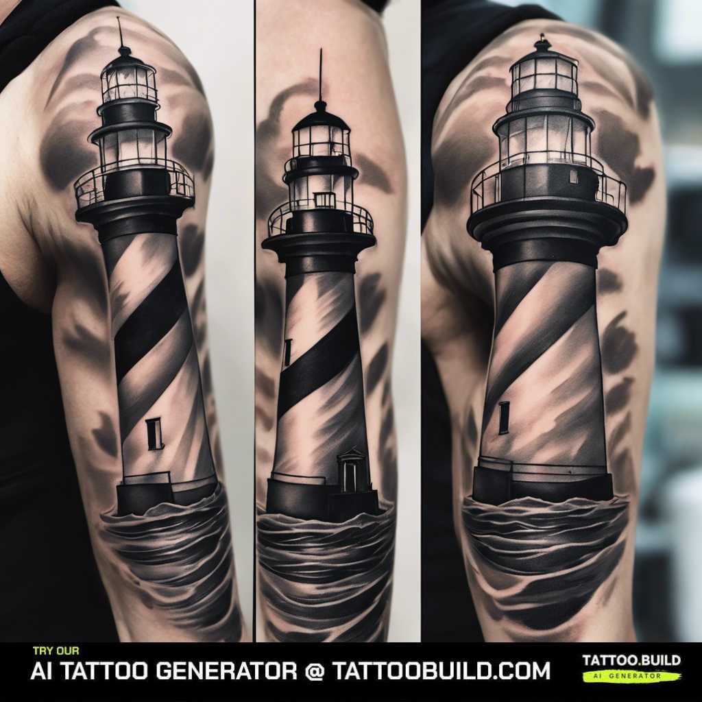 full sleeves black and gray lighthouse tattoo 
