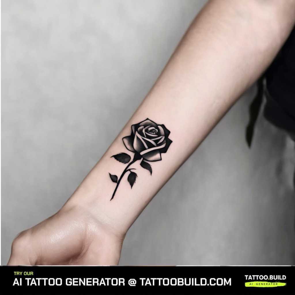 Tiny black and white rose forearm tattoo