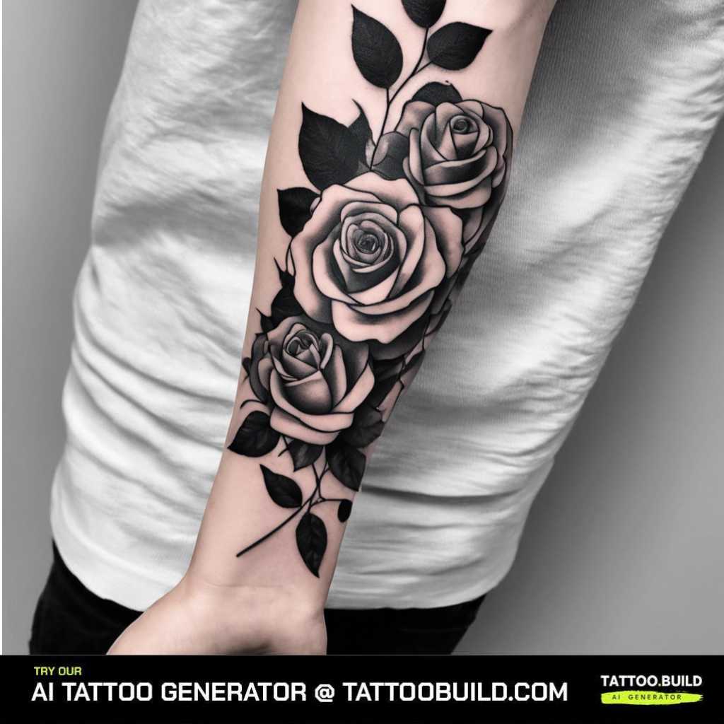 full black and white rose forearm tattoo