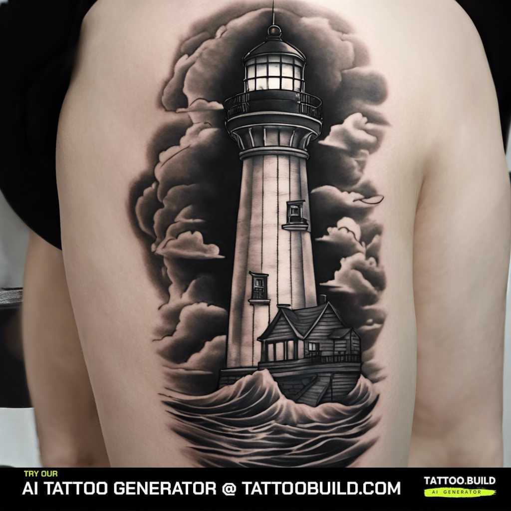 cloudy black and gray lighthouse tattoo