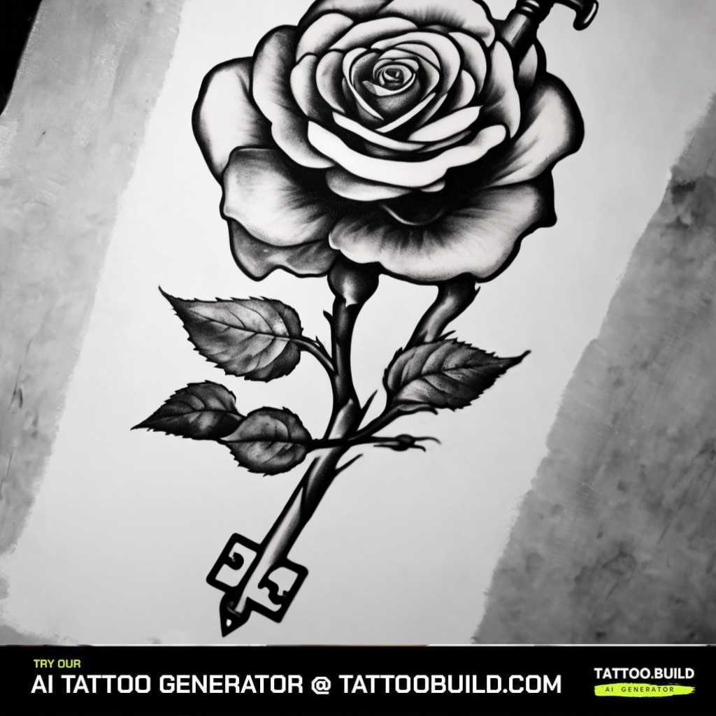 A single rose tattoo drawing with key