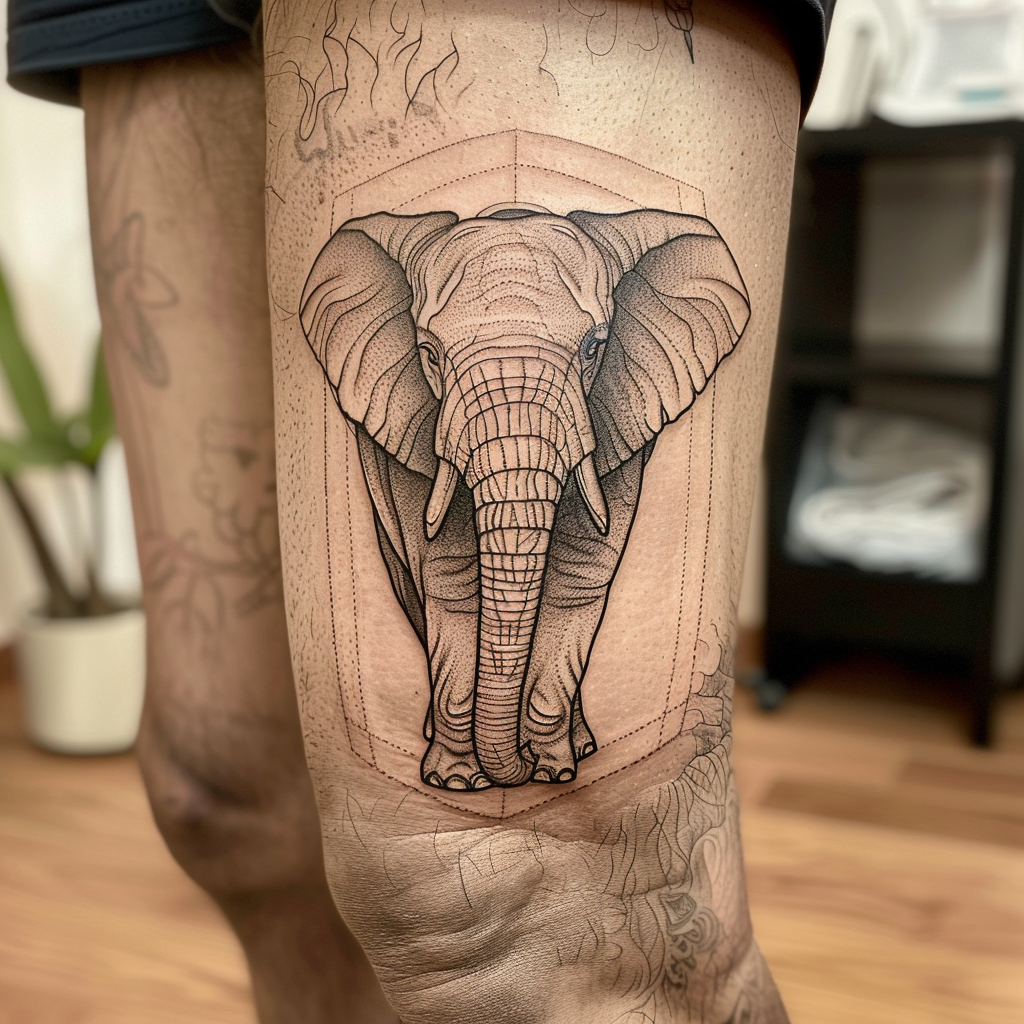 full elephant tattoo on the thigh