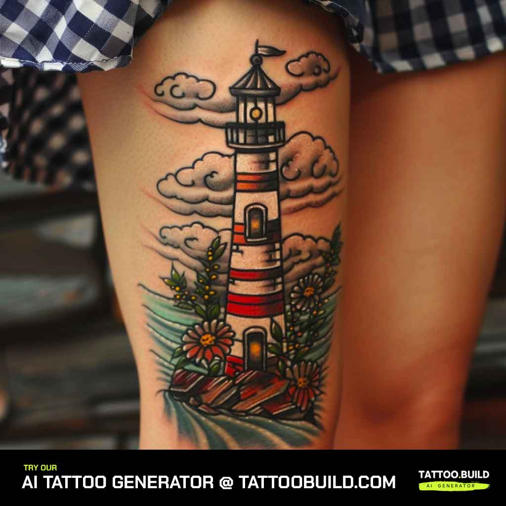 Colourful Lighthouse Tattoo Thigh