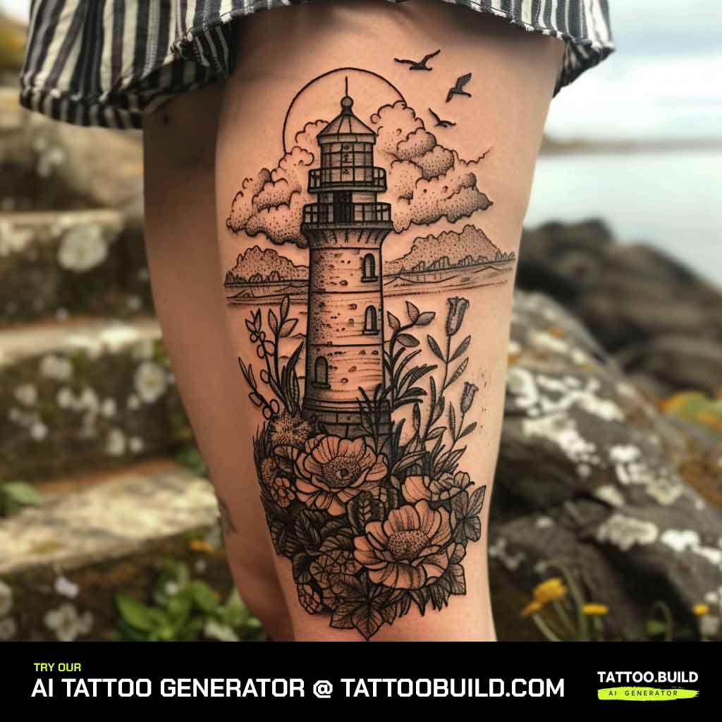 Floral Lighthouse Tattoo for women