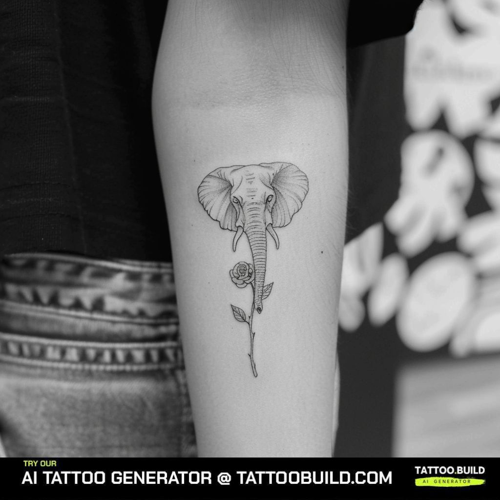 an elephant with rose outline tattoo