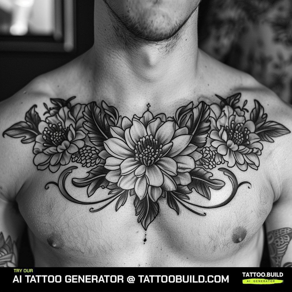 flower chest tattoo male black and white