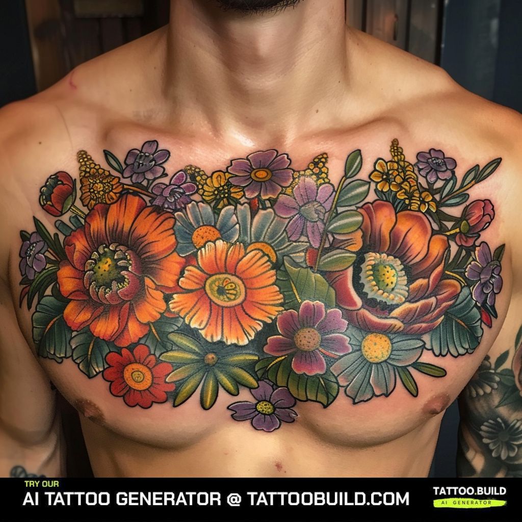color chest flower tattoo for male