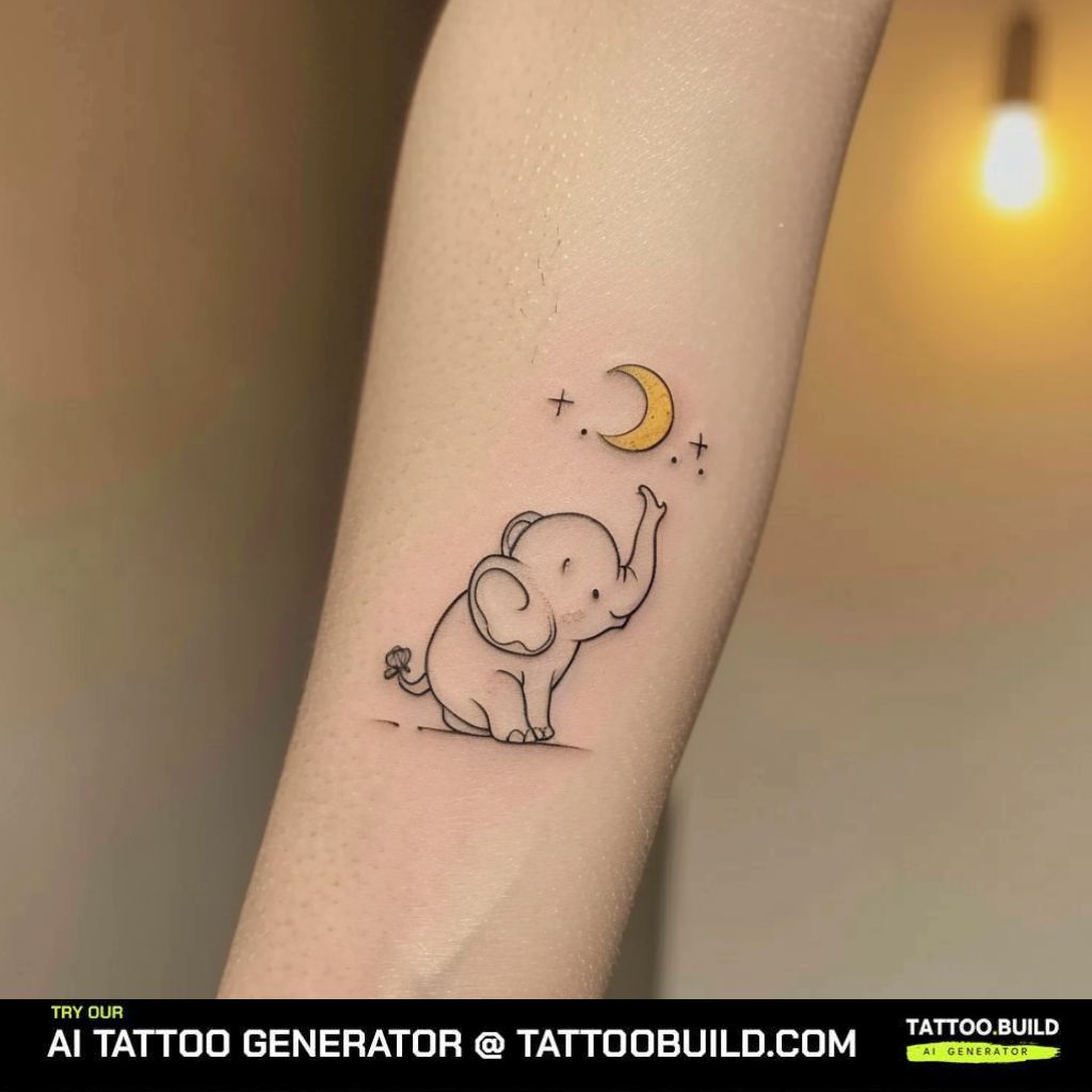 Playful Elephant and Crescent Moon Tattoo