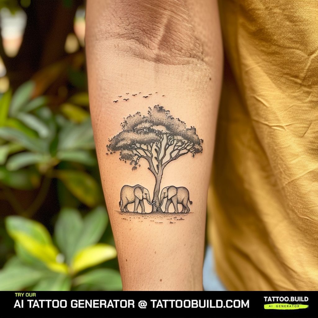 elephant outline tattoo under acacia tree