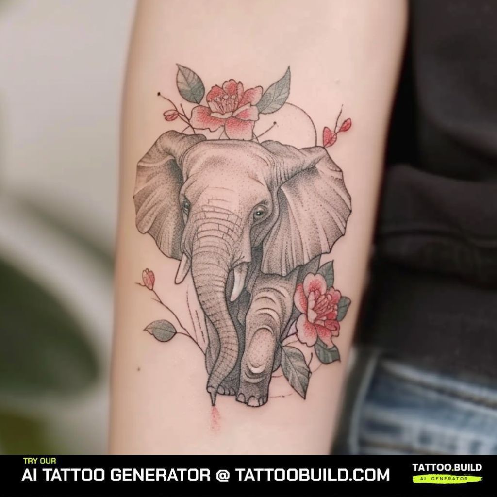 Elephant with Flowers Tattoo