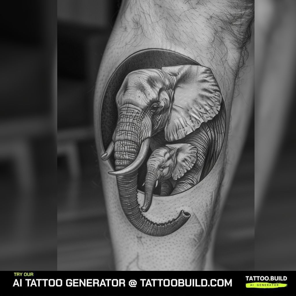 mother elephant and calf embrace tattoo on the leg