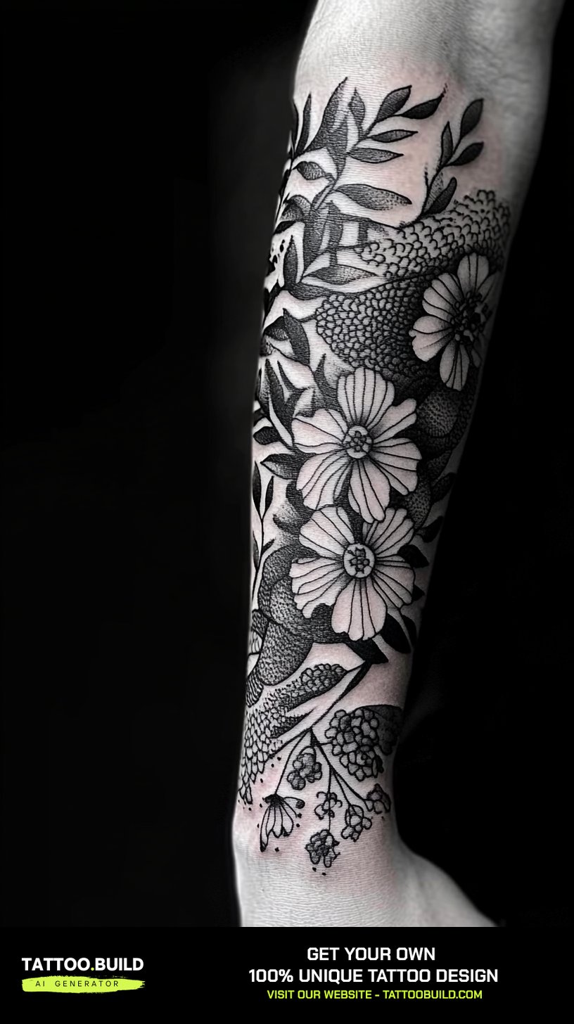 Delicate fine-line black and white tattoo for guys placed along the forearm.