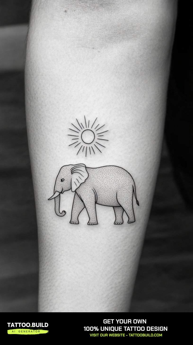 small elephant outline tattoo of a walking elephant in profile with a simple sun above it