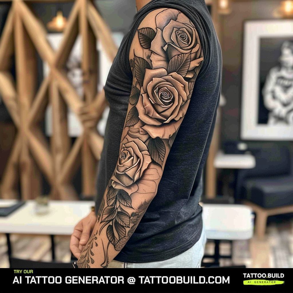 full sleeves mens rose tattoo in black and gray