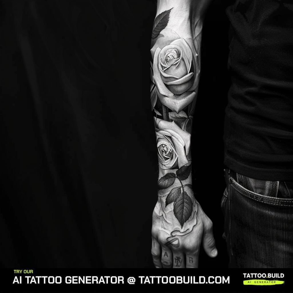 black and gray full sleeves rose tattoo for men