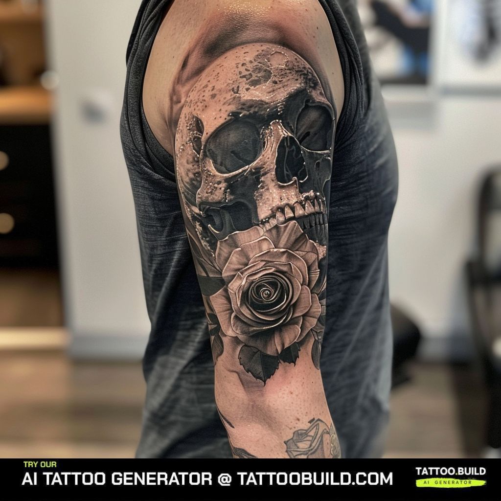 skull mens rose tattoo in black and gray