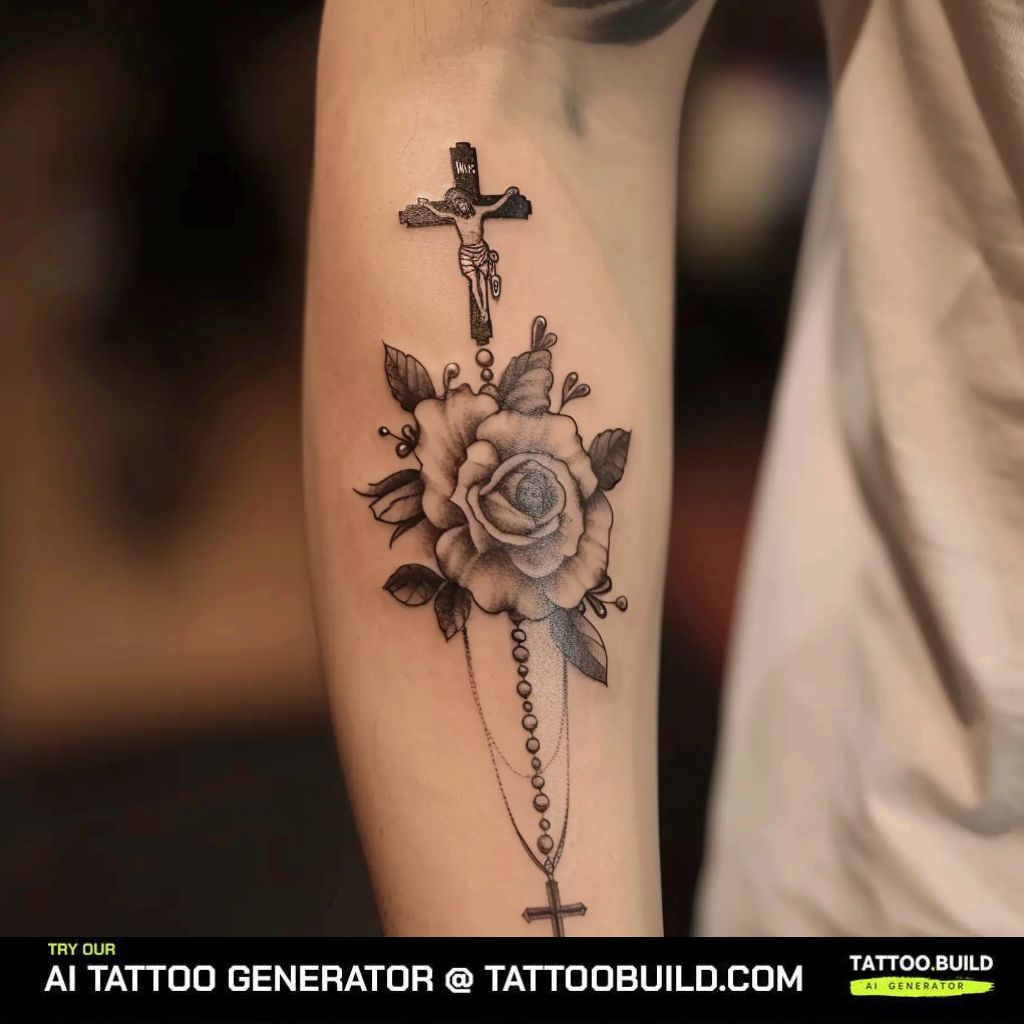 rose and rosary tattoo on the arm of a man