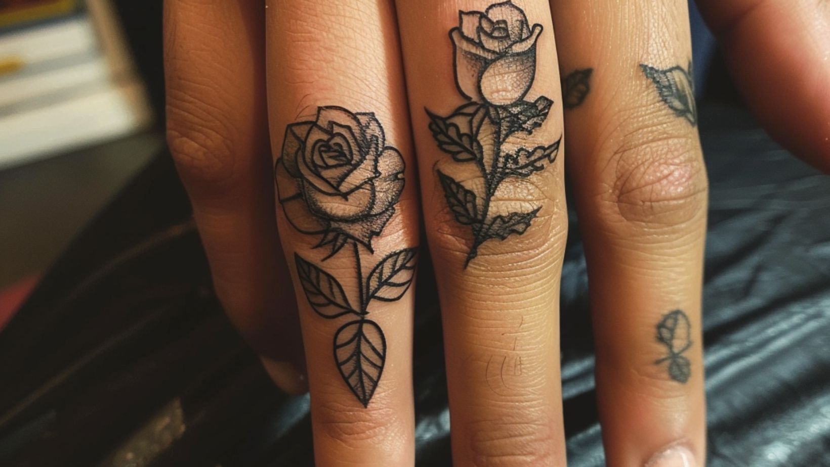 Rose ring tattoo on a womans ring finger shown close up