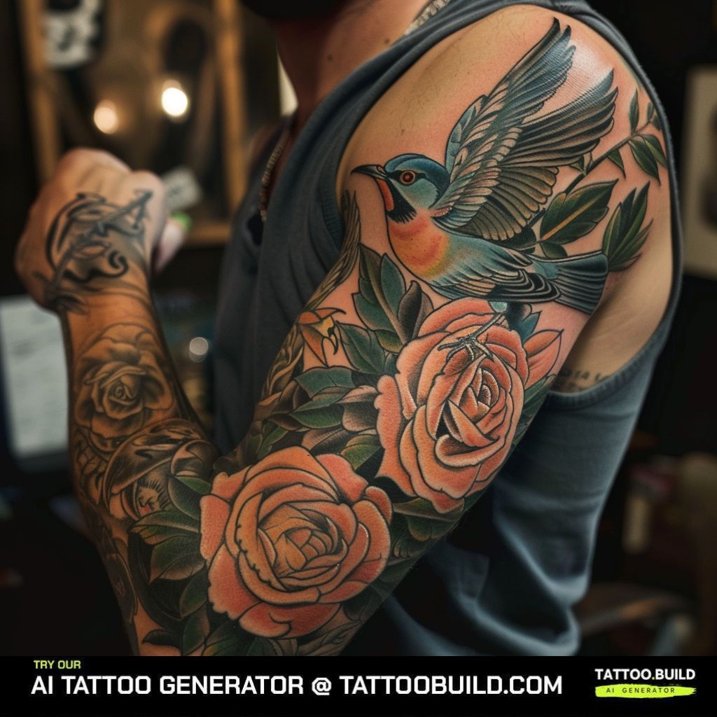 rose tattoo with bird on the arm for guys