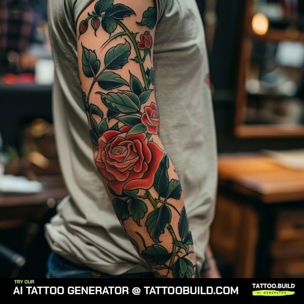 rose vine masculine  flower tattoo