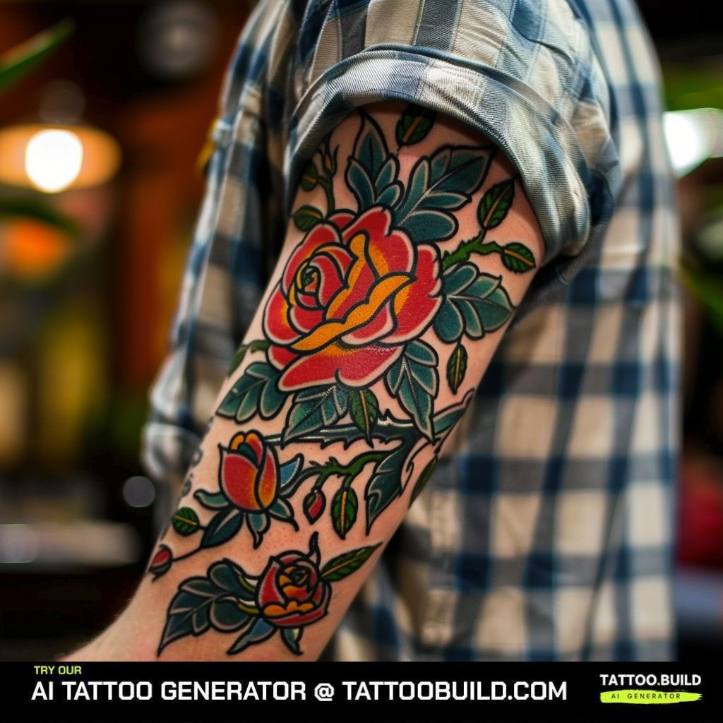 American traditional rose tattoo on the arm for guys