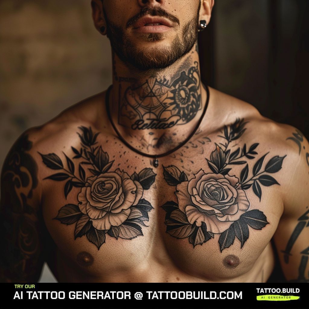 dark rose flower tattoo on the chest for men
