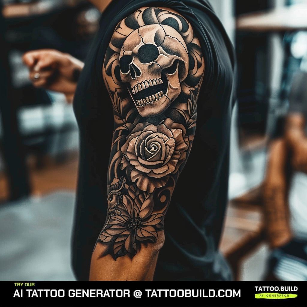 dark rose and skull sleeve tattoo for men