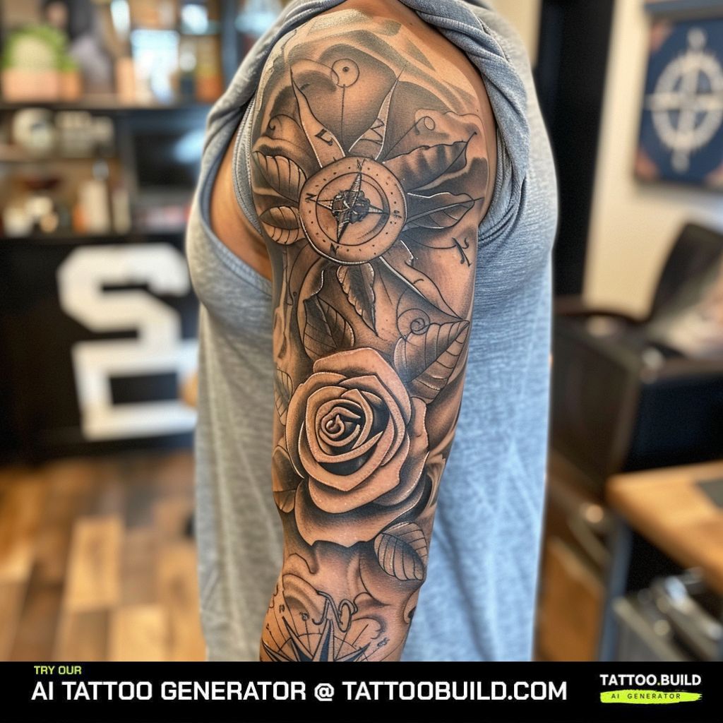 rose and compass: dark rose tattoo for men