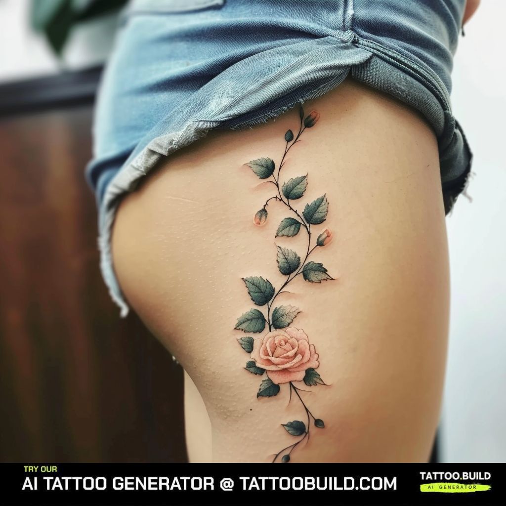 Rose vine tattoo on the thigh