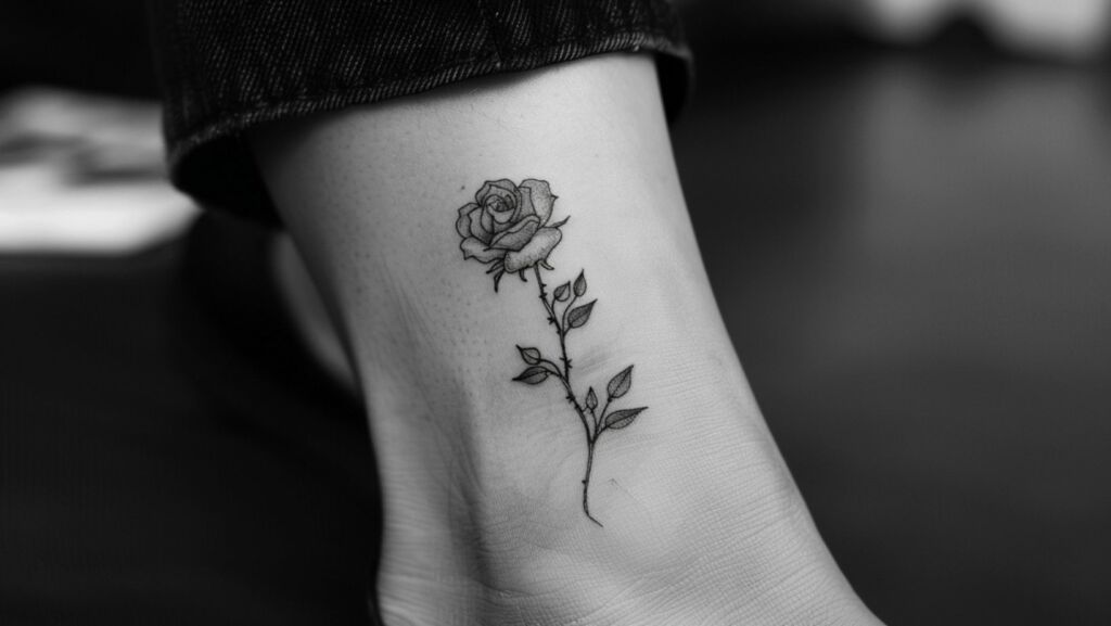 rose with thorns tattoo on the ankle