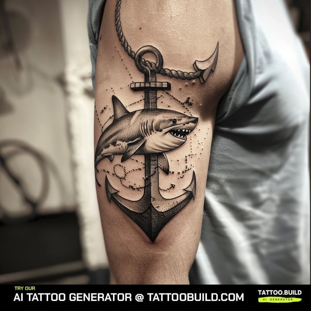 shark and anchor upper arm tattoo
